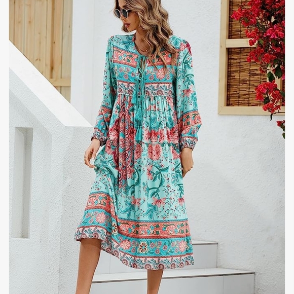 Floral Bohemian Midi Dress - Teal and Red - Picture 6 of 15